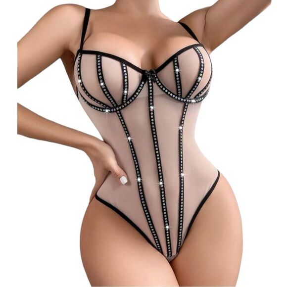 Iridescent Sequin Studded Contrast Underwire Teddy Style Bodysuit Women’s Large - Picture 2 of 4